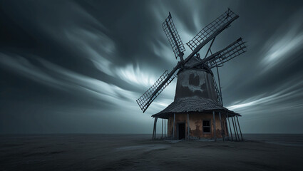 Obraz premium Haunting Windmill in a Barren Landscape – Decaying Structure, Rusted Sails, and Ominous Shadows Under a Dark, Swirling Sky