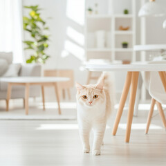 cat is walking towards me in bright white living room filled with natural light. modern decor and greenery create serene atmosphere