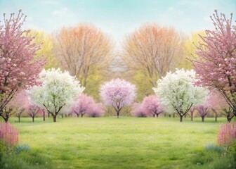 Obraz premium Abstract digital collage of a blooming spring landscape with layered textures, soft organic forms, and a vibrant yet serene pastel glow.