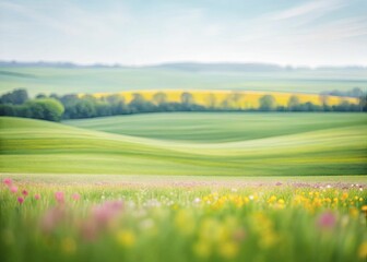 Fototapeta premium Abstract watercolor style of a rolling spring countryside with soft, blurred edges, vibrant floral hints, and a calm, serene atmosphere.