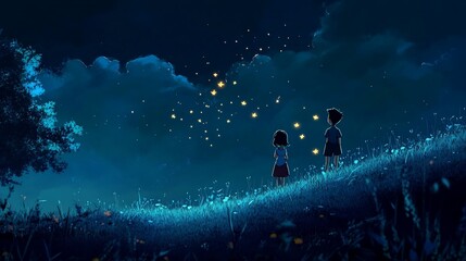 Two children gazing at a star-filled night sky on a grassy hill under a cloudy blue sky