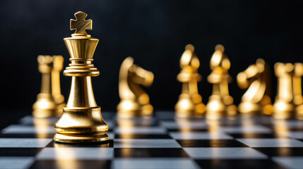 Golden chess pieces on chessboard create striking visual. king stands prominently, symbolizing strategy and competition in this classic game