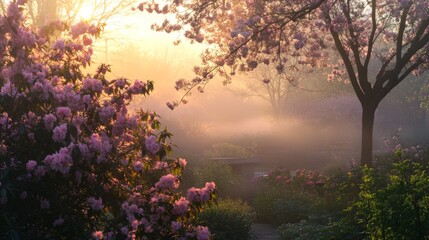 Serene dawn: Misty pink rhododendrons & cherry blossoms 