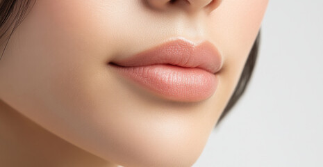 close up of woman lips showcasing smooth, natural beauty and soft texture. subtle color enhances overall aesthetic, creating inviting and serene expression