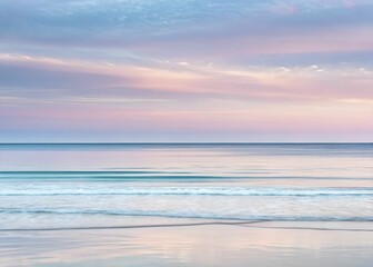 Obraz premium Modern minimalist illustration of a spring vacation retreat featuring an abstract coastline, soft waves, and subtle pastel tones.