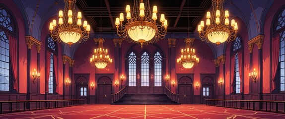 Obraz premium Grand ballroom with gothic chandeliers background anime retro cartoon concept illustration