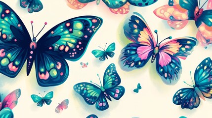Colorful butterflies in flight on light background