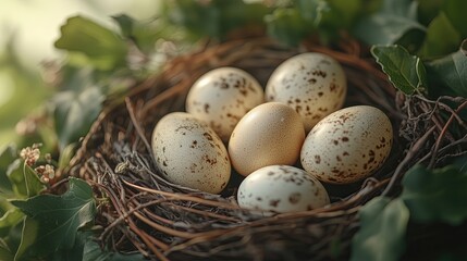 Fototapeta premium Nest with various patterned eggs in nature.