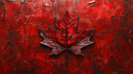 Textured red maple leaf on abstract red background: symbolic, artful, detailed representation