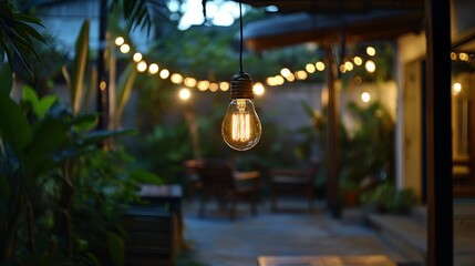Fototapeta premium Warm edison bulb lighting in cozy backyard with string lights