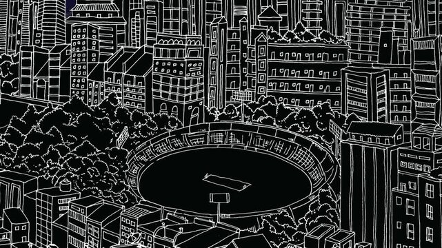 hand drawing big detailing, big city building, cricket ground 4k vidyo