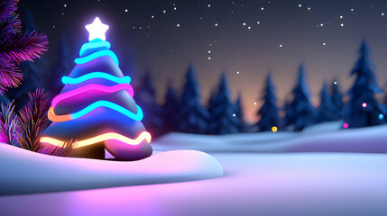 Neon Christmas Tree in Snowy Winter Wonderland