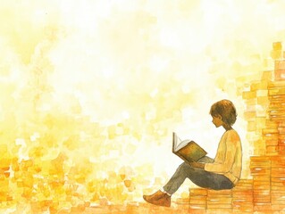 Scholar reading among stacked books cozy setting watercolor art serene environment introspective viewpoint