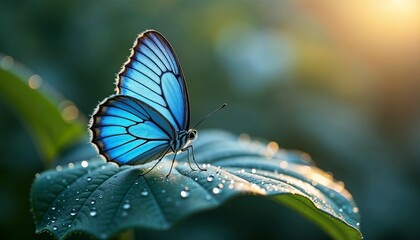Vibrant Blue Butterfly Resting on Green Leaf with Glistening Water Droplets