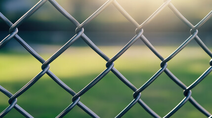 Fototapeta premium close up view of chain link fence with sunlight shining through, creating serene atmosphere. blurred green background adds depth to image