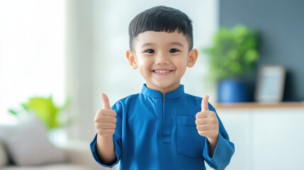 cheerful Malaysian boy, around five years old, wearing blue outfit, gives thumbs up gesture, showcasing happiness and positivity in bright indoor setting