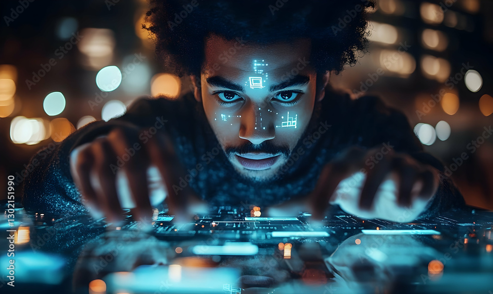 Poster focused coder interacts with digital interface at night