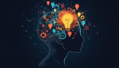 Illustration of problemsolving and idea flow, human head silhouette with internal gears, lightbulb icons, and question marks radiating outward, creative explosion, Midjourney AI