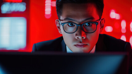 focused Asian male investor in suit, working intently on laptop in high tech environment with red lighting. atmosphere conveys urgency and concentration