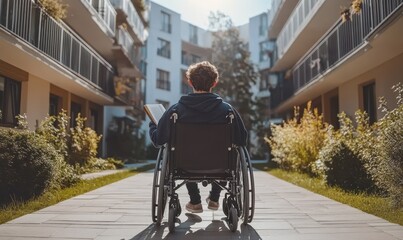 Happy young disabled mixed race school student in wheelchair reading a library book