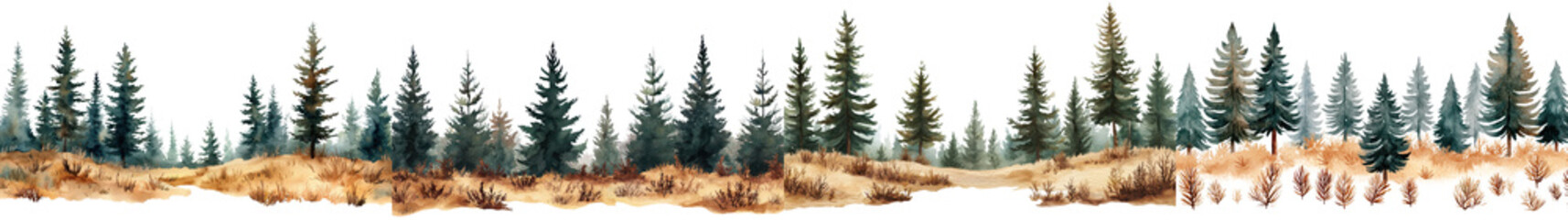 Fototapeta premium Stunning landscape of a dense lush evergreen forest with towering pine spruce and fir trees In the foreground is a scenic meadow with autumn foliage