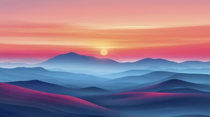 Fototapeta premium Serene Sunset Over Blue Mountains: A Vibrant Panorama of Tranquil Landscape at Dawn