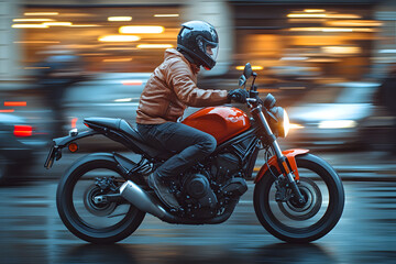 Fototapeta premium Motorradfahrer mit brauner Lederjacke auf einem urbanen Straßenbike bei Nacht in Bewegung 