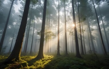 A serene forest at dawn, with sunlight spreading through a thin mist among the towering trees, low-angle shot, make unique compositions, quality HD, creating a magical and mysterious atmosphere