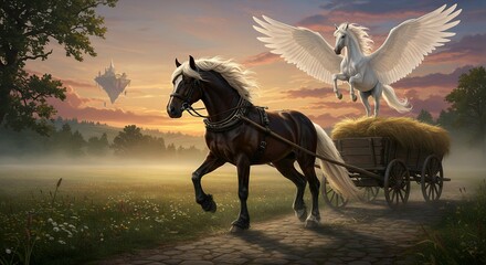 Fototapeta premium A fantasy artwork depicting a powerful black horse pulling a hay-filled cart, accompanied by a majestic pegasus soaring above, set against the backdrop of a tranquil landscape and a floating island.