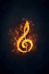 fiery treble clef symbolizing passion for music, glowing against dark background. This vibrant image captures essence of musical creativity and energy