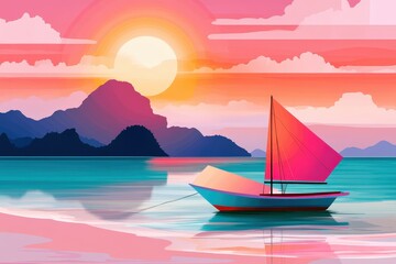 Naklejka premium Scenic Cambodia Landmarks, Tranquil Sunrise Over Calm Waters with Sailboat and Vibrant Sky in Serene Landscape