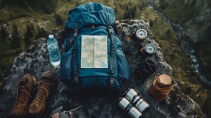 Backpack and Hiking Gear on Rocky Cliff with Mountain View