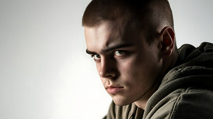 Obraz premium A man with a shaved head and a hooded sweatshirt is looking at the camera. generated using AI