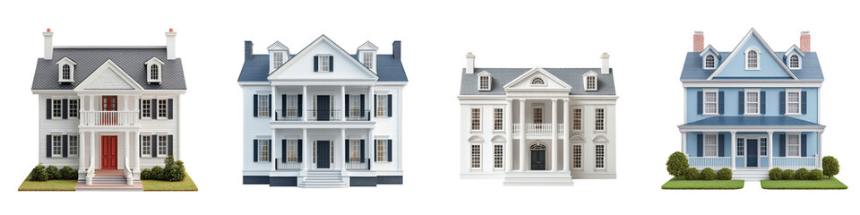 A row of pristine colonial style houses with classic architectural features like dormers columns and wraparound porches nestled in a lush well manicured suburban neighborhood