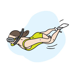 A woman is snorkeling in the water. Enjoying snorkeling on vacation. Hand-drawn vector illustrations of swimming.
