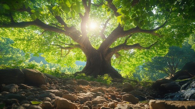 Lush greens envelop a massive tree trunk at the heart of a rugged landscape, its life brimming amidst rocky outcrops. Vibrant foliage dances against earthy tones, creating a captivating natural tablea