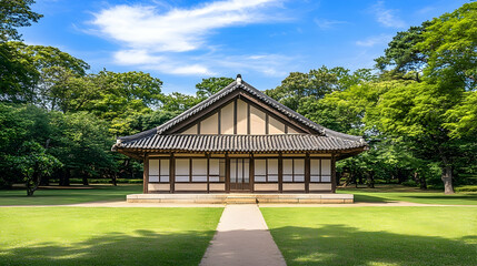 Traditional Japanese House in Formal Garden