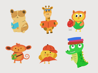 Set of Zoo Animals with Back to School Illustration Elements for Children Learning Poster Design