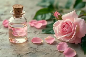 Rose essential oil in a small glass bottle and rose petals on table