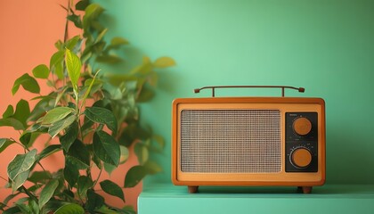 Vintage radio on a surface, surrounded by a green plant, against a mint green and coral wall, minimalist home decor, warm nostalgic colors creating a cozy atmosphere  ar 169