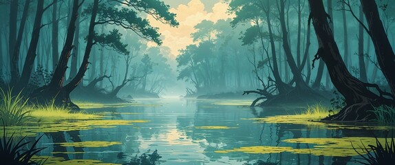Mystic foggy swamp waters background anime retro cartoon concept illustration