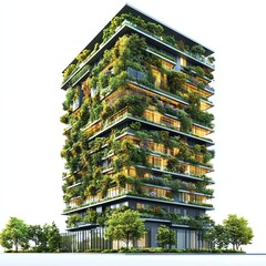 Modern architectural building covered with greenery and plants against a white background.