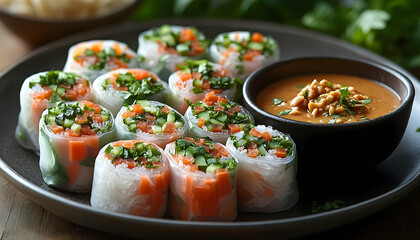Fresh spring rolls, peanut sauce, on plate