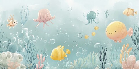 Naklejka premium Charming Underwater World: A Delightful Illustration of Cute Cartoon Fish and Jellyfish Swimming in a Vibrant Ocean Scene