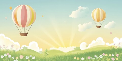 Obraz premium Serene Sunrise: Hot Air Balloons Soaring Over a Picturesque Meadow Landscape