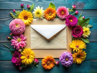 Blank Invitation Card Mockup with Envelope and Flowers