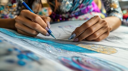 Artist Creating Fashion Sketches with Colorful Details and Designs