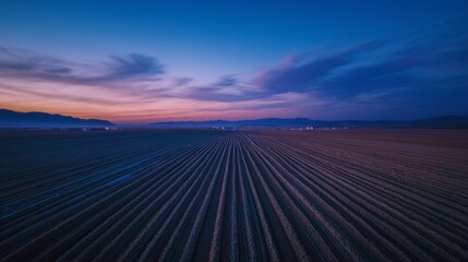 Vast Furrowed Field: Twilight Agriculture Under a Mountain Horizon 