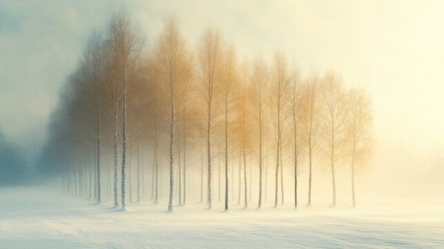 Winter trees in a foggy field at sunrise.  Possible use Nature photography, winter scene, landscape stock image