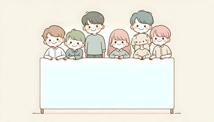 Cartoon Minimalist cartoon drawing of six smiling children standing behind a white sign